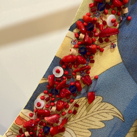 Kay Unger size 6 SILK Blue and Tan Ruched A-Line Midi dress - NWT but FLAWED - Picture 6 of 16